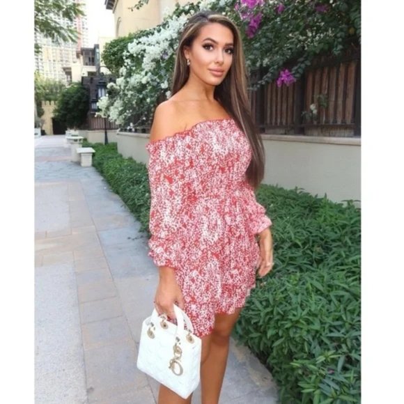 Red Floral Print Long Sleeve Off Shoulder Tiered Mini Dress - Picture 9 of 12